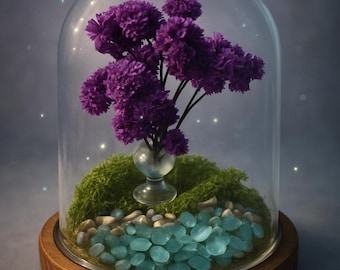 May include: A glass cloche on a wooden base, featuring a miniature garden scene. The display includes purple flowers, green moss, and blue-green pebbles. The glass dome creates a whimsical, enclosed display, reminiscent of a terrarium.
