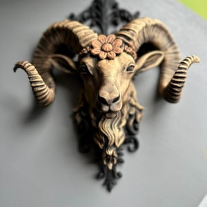 May include: A detailed wall sculpture of a ram's head, with large, curved horns and a floral crown. The sculpture is primarily brown with black accents and a decorative black base. The ram's head is centered, with a focus on the facial features.