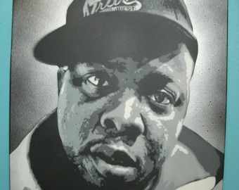 PHIFE DAWG from A Tribe Called Quest Original Stencil Painting Portrait in Grayscale Spray Paint Chrome Background Stencil Art by Beau Pope