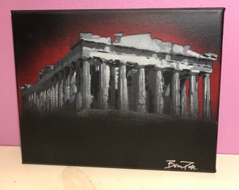 Original Stencil Painting of the Parthenon by Beau Pope - Grayscale with Red/Black Background Canvas