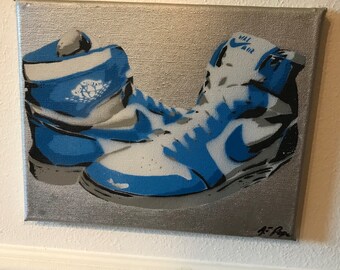 Original Handcut STENCIL Painting Air Jordans Blue & White Silver Metallic POPE