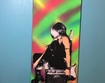 Green NEON Rainbow Punk Rock Chick Original Stencil Painting - Guitar with Peavy Amp - 12 in. x 24 in. Art Work Handcut Spray Paint Work