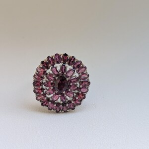 Könnte beinhalten: Ein runder Ring mit einem zentralen, oval geschliffenen, tiefvioletten Edelstein, umgeben von zwei konzentrischen Ringen aus kleineren, ovalen violetten Steinen in einer silberfarbenen Metallfassung, die ein blumenartiges Design bilden.