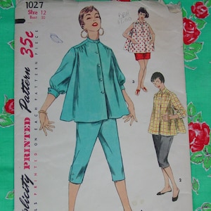 Vintage Pattern c.1954  Simplicity No.1027 Maternity Blouse,Toreador Pants,Shorts Sz.12