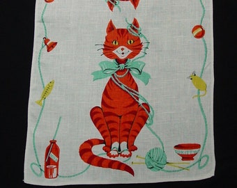 Cute Vintage Linen Tea Towel Cat with Bow, Yarn, Toys 15 x 28"