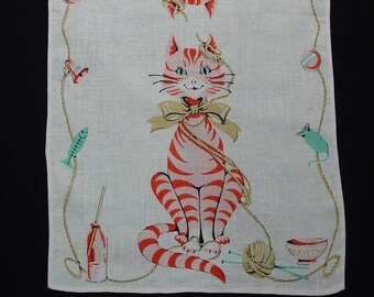 Cute Vintage Linen Tea Towel Cat with Bow, Yarn, Toys 15 x 28"  (No.2)