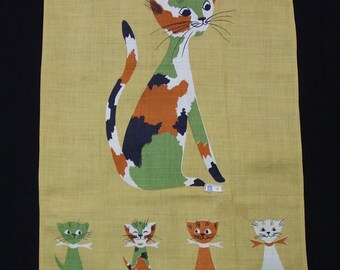 Super Vintage Linen Tea Towel Tammis Keefe Cat and Kittens Bright Colors, Unused 16 1/4 x 29 1/2"