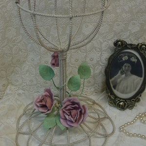 Pretty Vintage Metal, Twisted Wire Hat, Bonnet, Wig Stand with Pink Roses