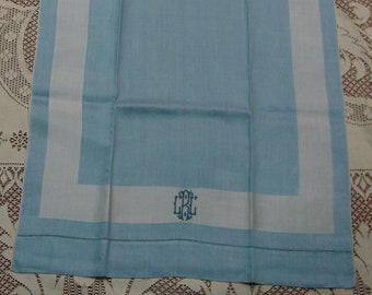 Gorgeous Vintage Quality Linen Damask Towel Blue White, Monogram 21 x 40"