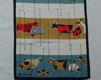 Cute Vintage Tea Towel Pat Prichard Signed Whimsical Cows and Sheep Unused