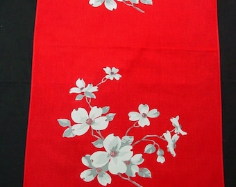 Lovely Vintage Wilendur Tea Towel "Dogwood" Bright Red, White, Grey Blooms 18 x 32"