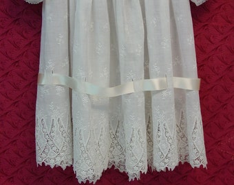 Gorgeous Antique Girls Dress White Cotton Batiste Eyelet Fabric Lace Threaded Ribbon