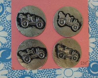 Set of 4 Metal Picture Buttons Antique Car, Silver Metal with Black 1 1/8"