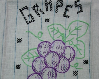 Cute Vintage Kitchen Towel Embroidered On Striped Cotton "Grapes" 16x 27"