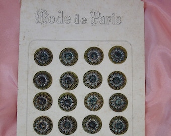 24 Excellent Antique Buttons on Original Mode de Paris Card  11/16" Raised Sunflower Tinted