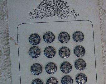 24 Excellent Antique Buttons on Original Mode Card Metal 7/16" Silver Flower with Blue Tint