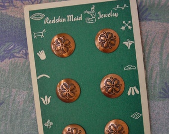 Nice Vintage Set of 6 Bright Copper Buttons with Flower Design 1/2" on Original Card