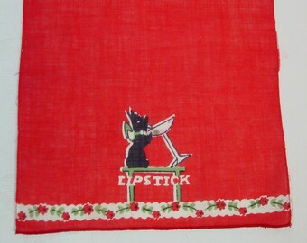 Cute Vintage "Lipstick" Towel 8 1/4 x 12 1/2" Bright Red with Black Scottie Dog Drinking Cocktail