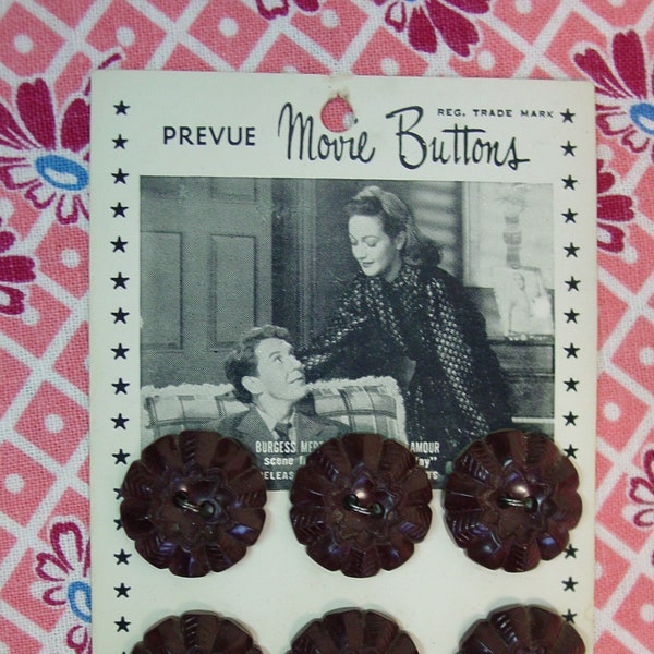 Vintage Card of Prevue Movie Buttons Burgess Meredith and Dorothy Lamour and 6 Neat Brown Plastic Buttons