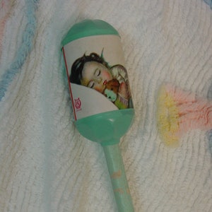 Darling Vintage Baby Rattle Celluloid, Wood, Baby Images, Made in Japan