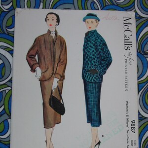 May include: McCall's the first printed pattern sewing pattern for a two-piece suit. The pattern is size 14, bust 32, and costs 75 cents. The pattern shows two women wearing the suit in different colors and styles.
