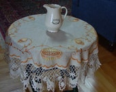 RESERVED for LN-Vintage Antique Tablecloth 46 quot Round Arts Crafts Embroidered Mission Era Wide Crochet Edge Very Elegant