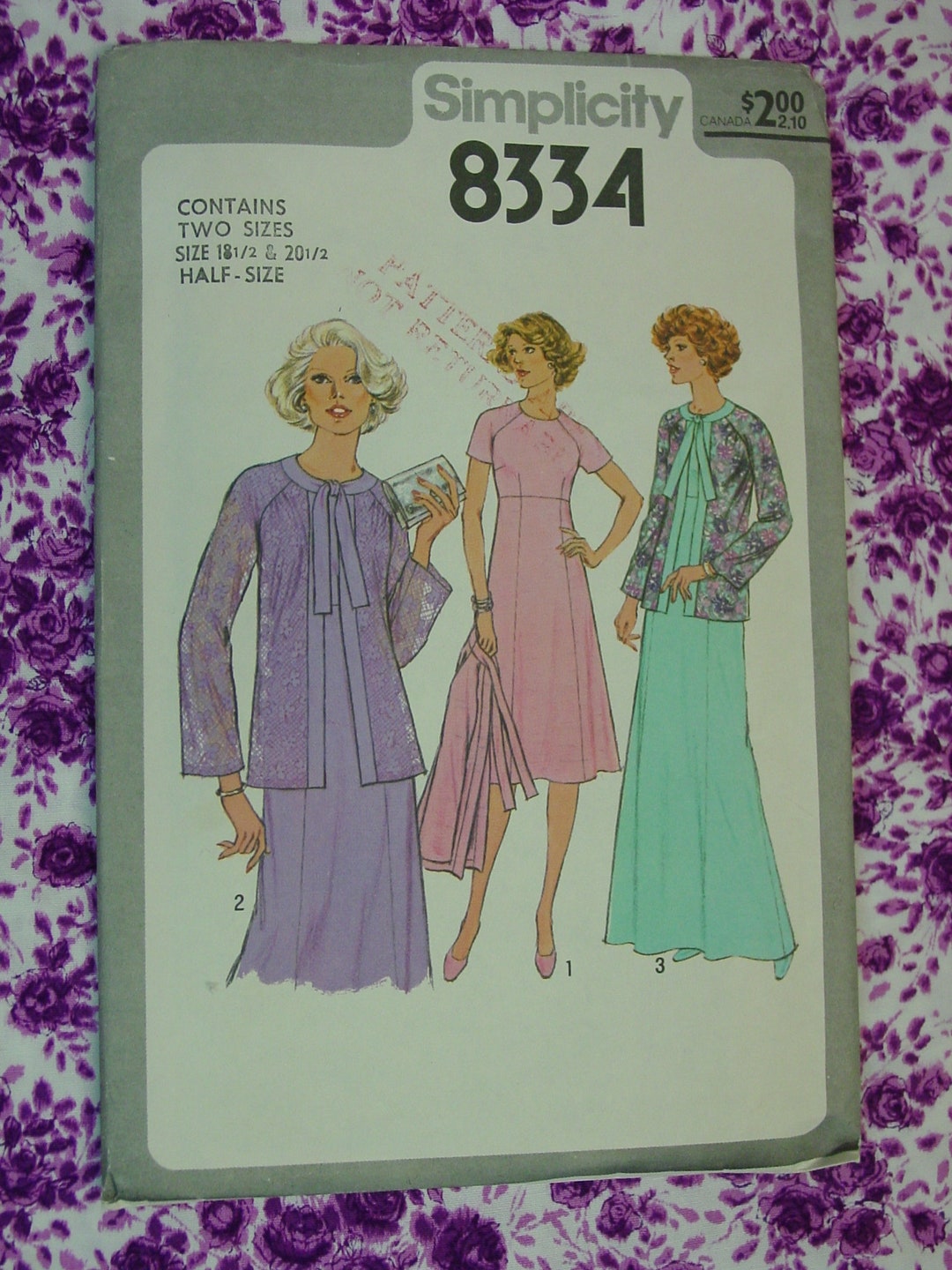 8334 Vintage Pattern Simplicity No. 8334 Sizes 18 1/2 and 20 1/2 Dress ...