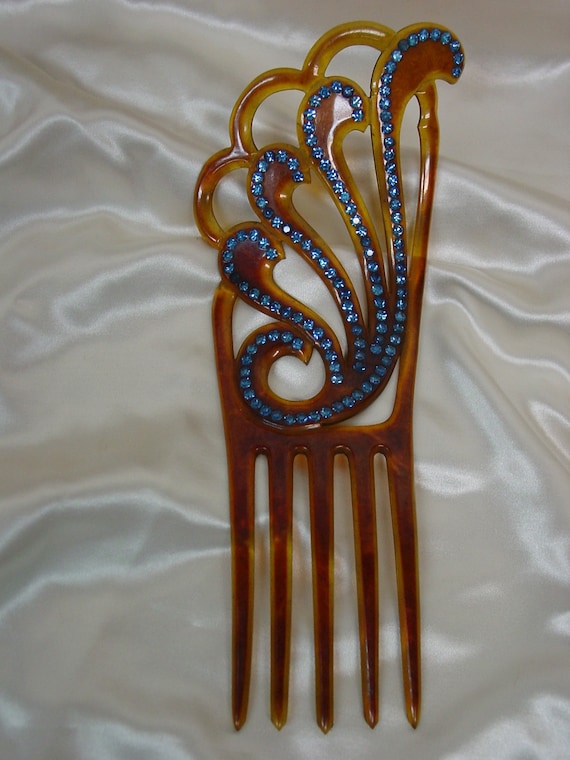 Vintage Antique Hair Comb Celluloid with Blue Sto… - image 1