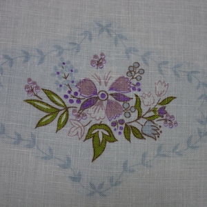 Cute Vintage Small Tablecloth White Linen with Purple and Blue Designs 34 x 34 image 1