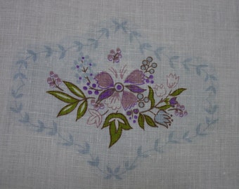 Cute Vintage Small Tablecloth White Linen with Purple and Blue Designs 34 x 34"