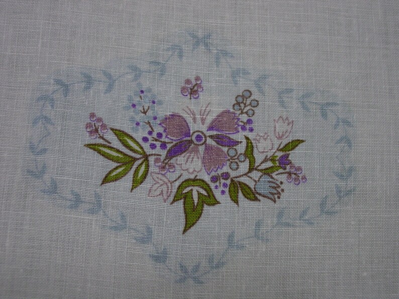 Cute Vintage Small Tablecloth White Linen with Purple and Blue Designs 34 x 34 image 1