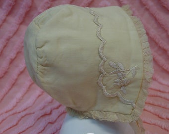 Antique Baby or Doll Bonnet Small Embroidered , Lace, Silk Lined