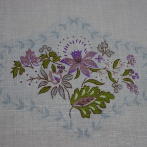 Cute Vintage Small Tablecloth White Linen with Purple and Blue Designs 34 x 34 image 5