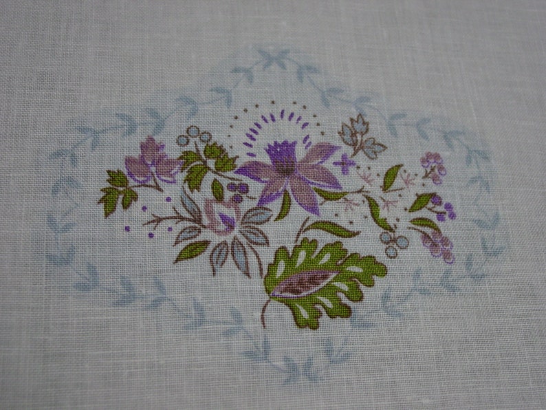 Cute Vintage Small Tablecloth White Linen with Purple and Blue Designs 34 x 34 image 5