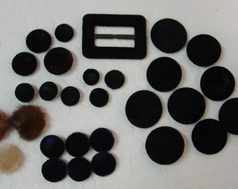 Vintage Lot of 19 Black Velvet Buttons, 6 Dark Blue, and 3 Mink, 1 Velvet Buckle, Various Sizes