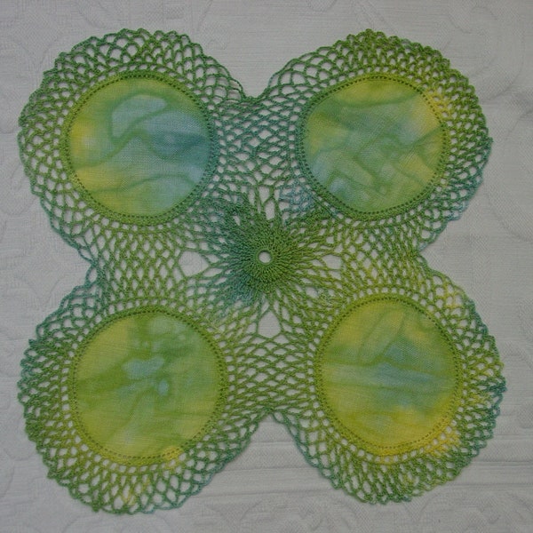 Charming Vintage Linen & Crochet Doily, Hand Dyed Lime Green, Yellow 9 1/2"