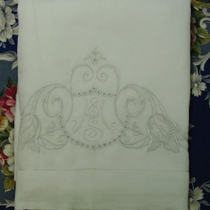 Beautiful Vintage Heirloom Sheet 70 x 105&quot; Exquisite Embroidery Triple Monogram, Tulips