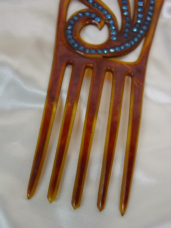 Vintage Antique Hair Comb Celluloid with Blue Sto… - image 3