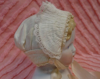 Antique Silk Baby or Doll Bonnet Cream Color, Small Size Shirring, Ruffle, Lace