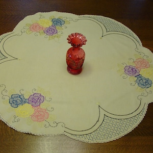 Vintage Tablecloth, Embroidered, Pretty Shape and Hand Crocheted Edge, Nice Colors