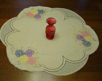 Vintage Tablecloth, Embroidered, Pretty Shape and Hand Crocheted Edge, Nice Colors