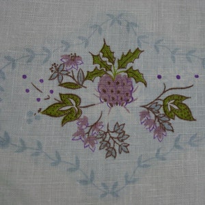 Cute Vintage Small Tablecloth White Linen with Purple and Blue Designs 34 x 34 image 4