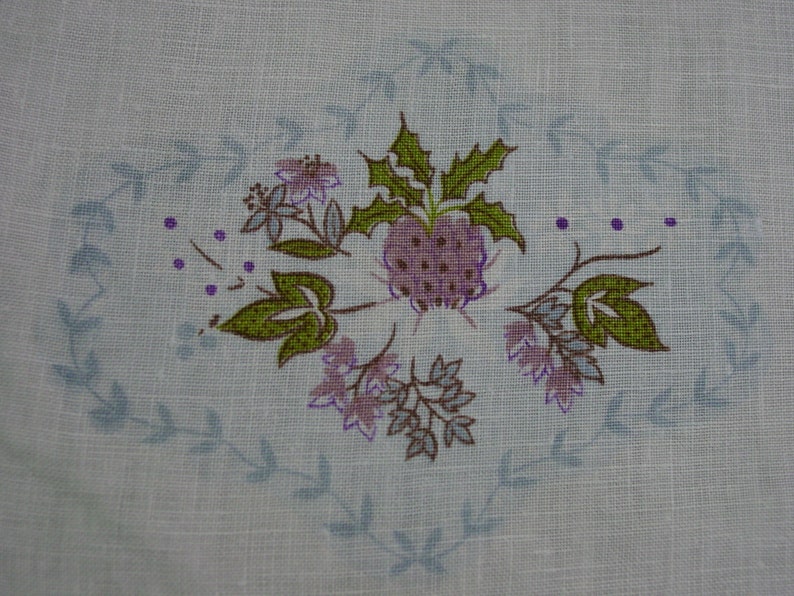 Cute Vintage Small Tablecloth White Linen with Purple and Blue Designs 34 x 34 image 4