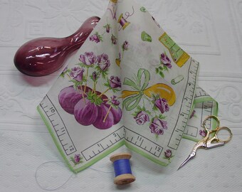 Cute Vintage Hanky with Sewing Theme 13 3/4" Cotton Pin Cushion, Darner, Thread, Thimble and More Unused