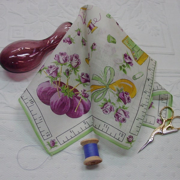 Cute Vintage Hanky with Sewing Theme 13 3/4" Cotton Pin Cushion, Darner, Thread, Thimble and More Unused