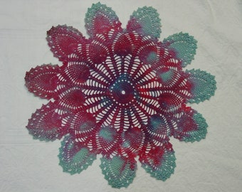 Hand Dyed Tinted Vintage Hand Crocheted Doily 20" Pretty Purples, Blues Pineapple Pattern