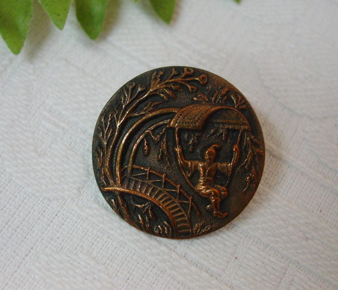 Photo Button Asian Antique Metal Picture Button Asian Man on Swing, Nice Detail 1 1/4