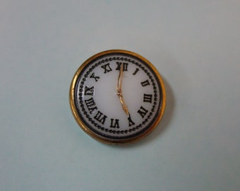 Nice Vintage Realistic Glass Button Clock with Roman Numerals Gold Hands and Rim, 5/8" (2 Available)