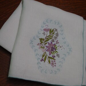 Cute Vintage Small Tablecloth White Linen with Purple and Blue Designs 34 x 34 image 7