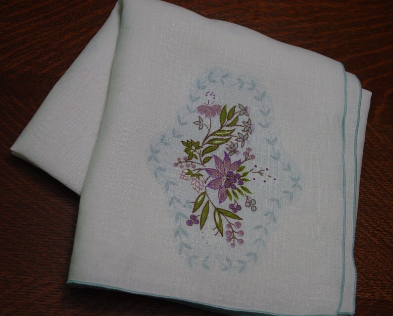 Cute Vintage Small Tablecloth White Linen with Purple and Blue Designs 34 x 34 image 7